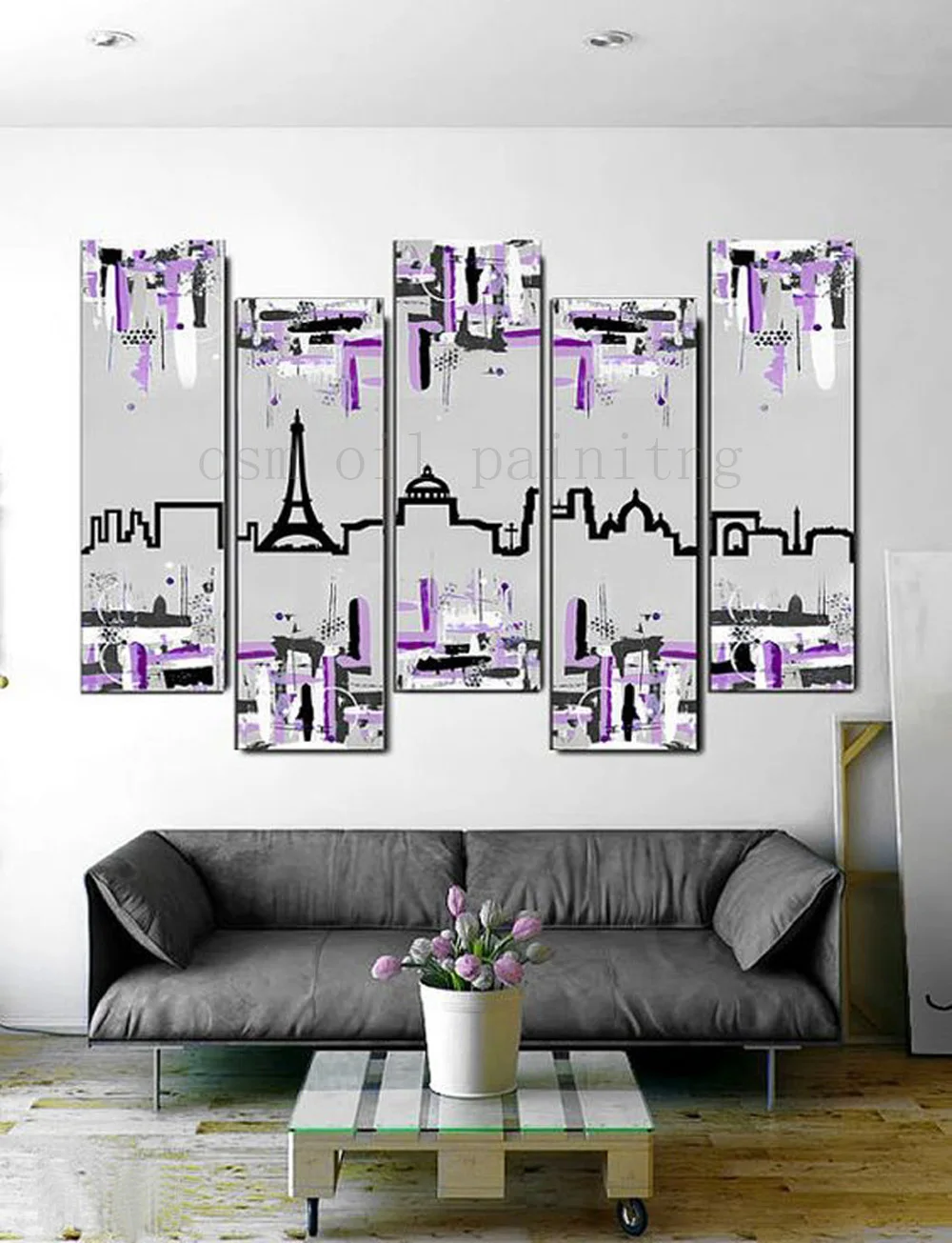 Handmade Paris Skyline Painting Piece Canvas Art Modern Wall Artwork with Gray and Purple Large Abstract Oil Painting of Paris