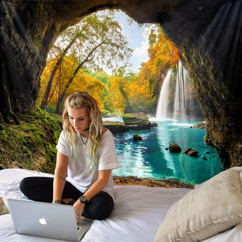 Beautiful Cave Waterfall Print Wall Hippie Tapestry Polyester Fabric Home Decor Wall Rug Carpets Hanging Big Couch Blanket image 5