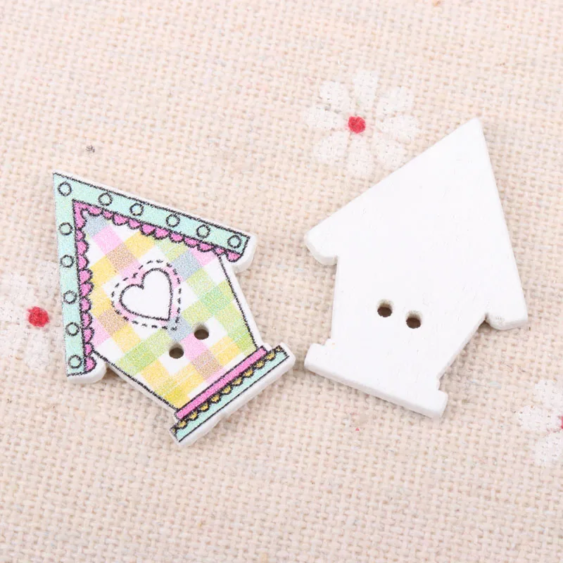 Wooden Buttons Cute Colorful mini house Shape Buttons 2 Holes Handmade Sewing Scrapbooking Crafts DIY 21x27mm 30pcs