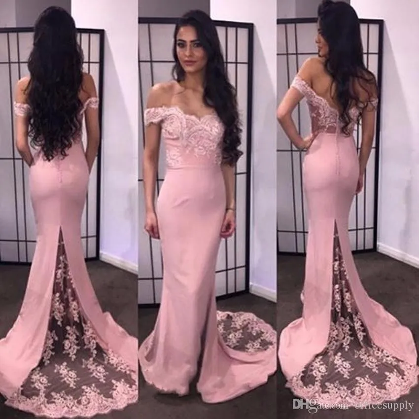 

Elegant Pink Lace Mermaid Prom Dress Off Shoulder Slim Formal Gowns Cheap Prom Dresses Party Evening Gowns