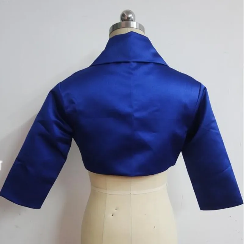 Ruthshen-Chaqueta de satén azul real para mujer, chaqueta de boda con mangas de tres cuartos, cuello único, Bolero/Bolero para novia