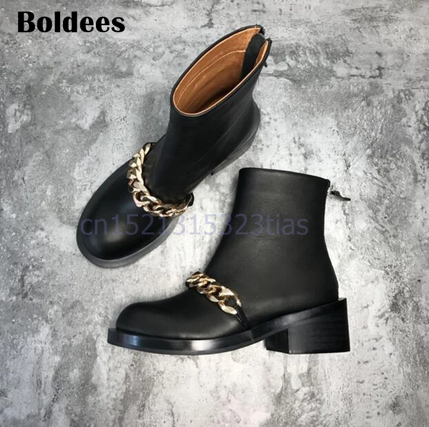 

Chains Martin Boots Woman Round Toe Silver Gold Metal Chain Black Leather Short Boots Back Zipper Ankle Boot