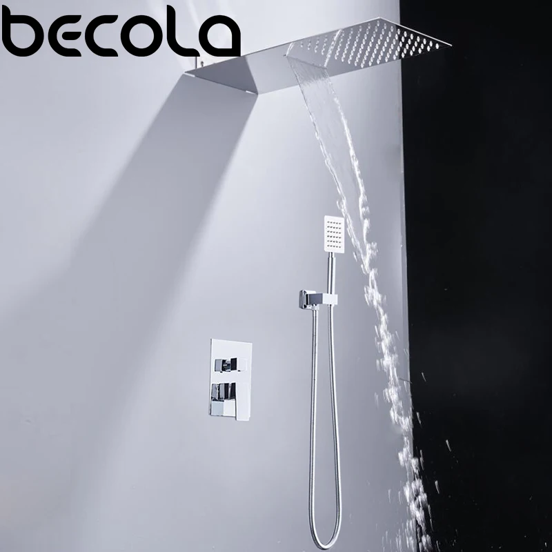 Becola Modern Design Stainless Steel Double Handle Waterfall and Rain Shower Faucet Set Wall Mounted Bathroom Mixer Tap Finish