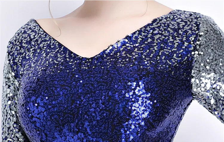 JaneVini Shiny Blue Silver Sequined Mermaid Evening Dress Arabic Bling Gradient Long Mother Of The Bride Dresses With Sleeves