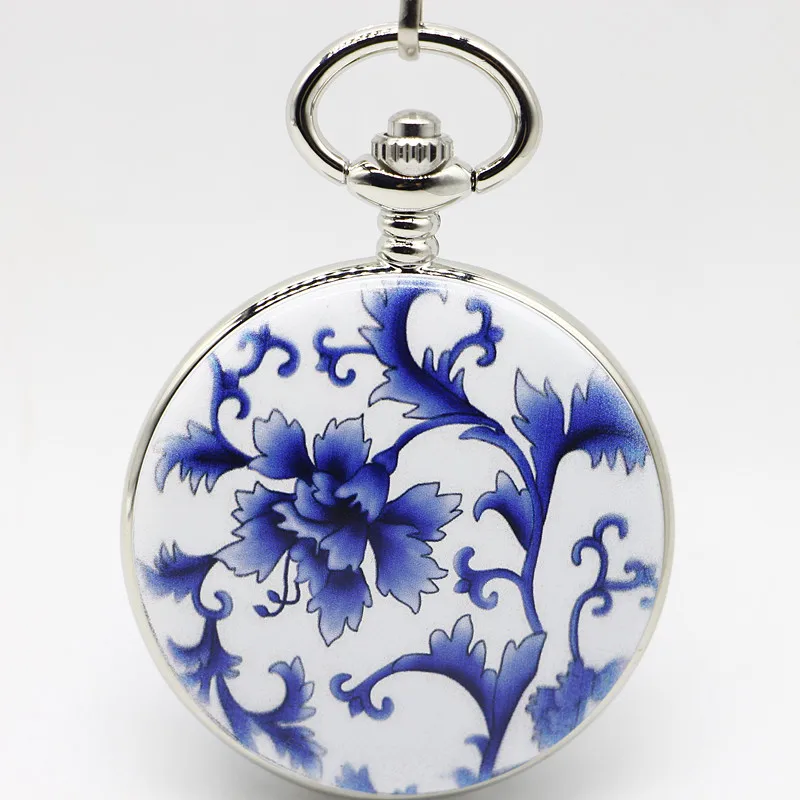 Antique Ceramic Exquisite Elegant Blue and White Featured Mechanical Pocket Watch Retro Skeleton Handwind Fob Chain Men's Clock