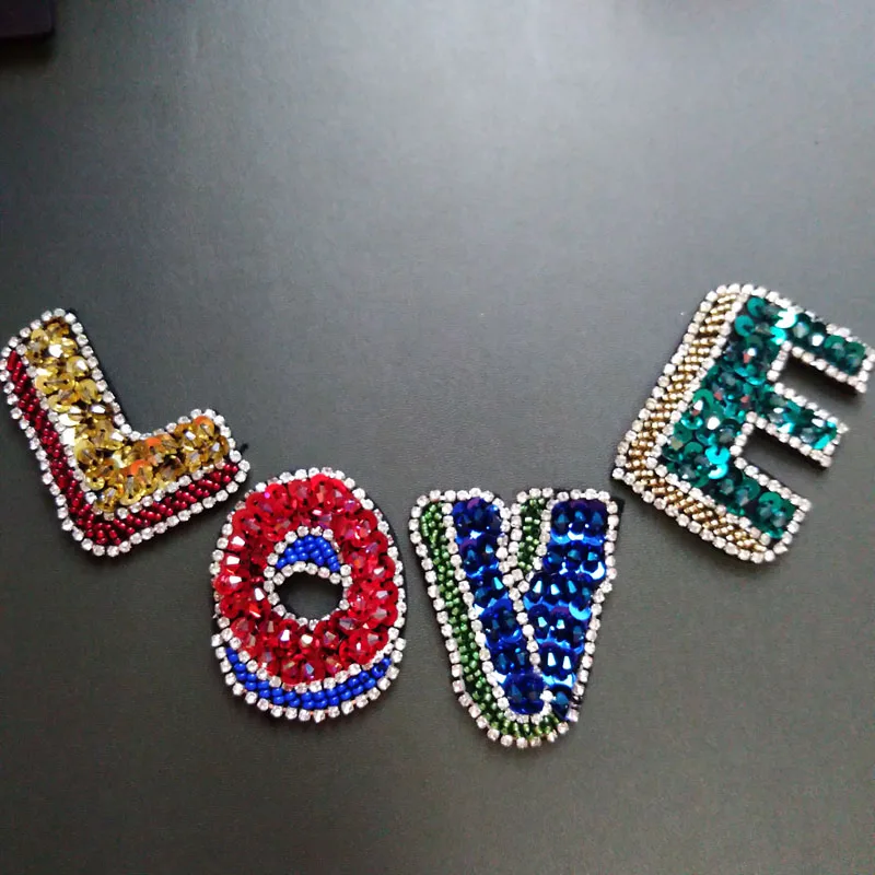 

Handmade Love Letter rhinestone beaded patches for clothing DIY alphabet beaded applique for jackets decorative sequin Parches