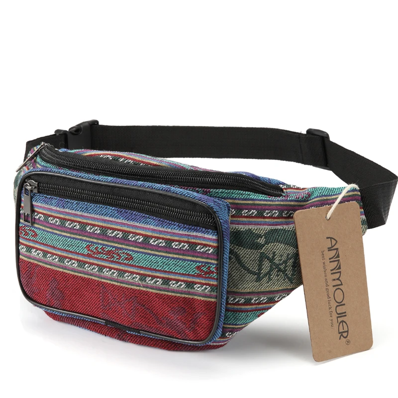 Annmouler Fashion Women Waist Packs 6 Colors Fabric Fanny Pack Double Zipper Chest Bag Bohemian Style Tribal Phone Belt Bag