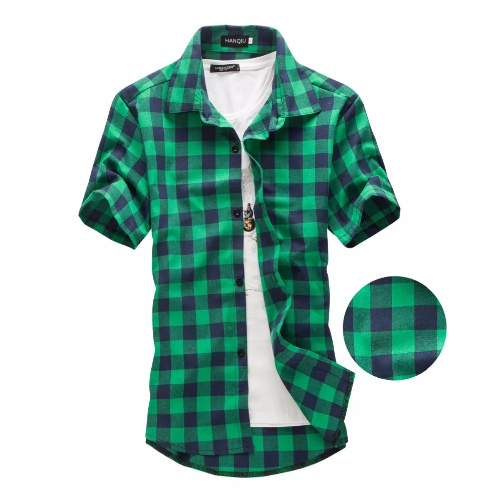 Camisa xadrez verde masculina, camisa quadriculada, blusa de manga curta, moda verão, nova, 2023