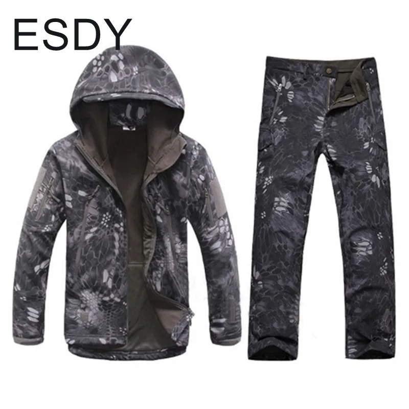 Winter Windproof Thermal Waterproof Soft Shell Jacket + Pants Men Outdoor Climbing Hiking Warm Camouflage Coat Trousers Sets