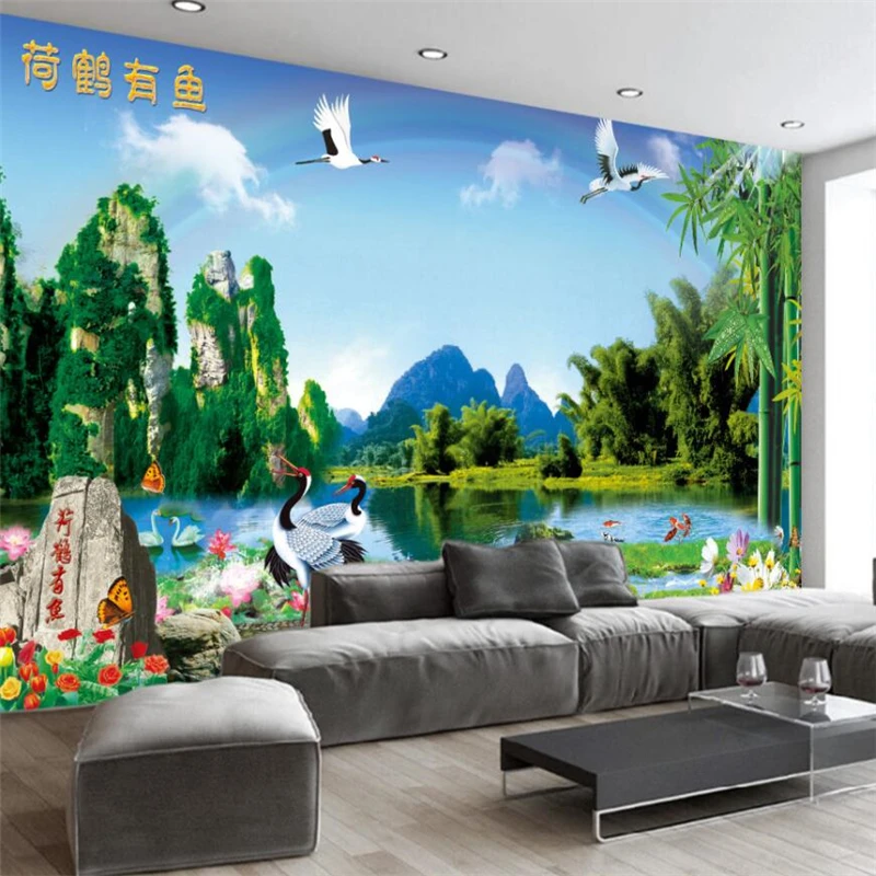 

wellyu Chinese style cranes have fish landscape painting bamboo TV wall custom large mural wallpaper papel de parede