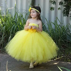 New Girls Yellow Flowers Long Tutu Dresses Kids Fluffy Crochet Tulle Tutus Ball Gown with Headband Children Party Dress Clothes