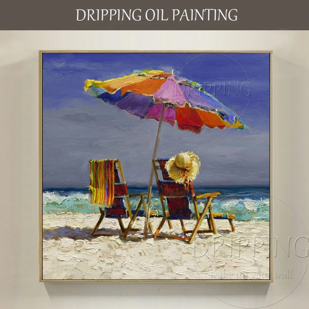 

Artist Hand-painted High Quality Textured Knife Landscape Beach Oil Painting on Canvas Beach Chair and Umbrella Oil Painting