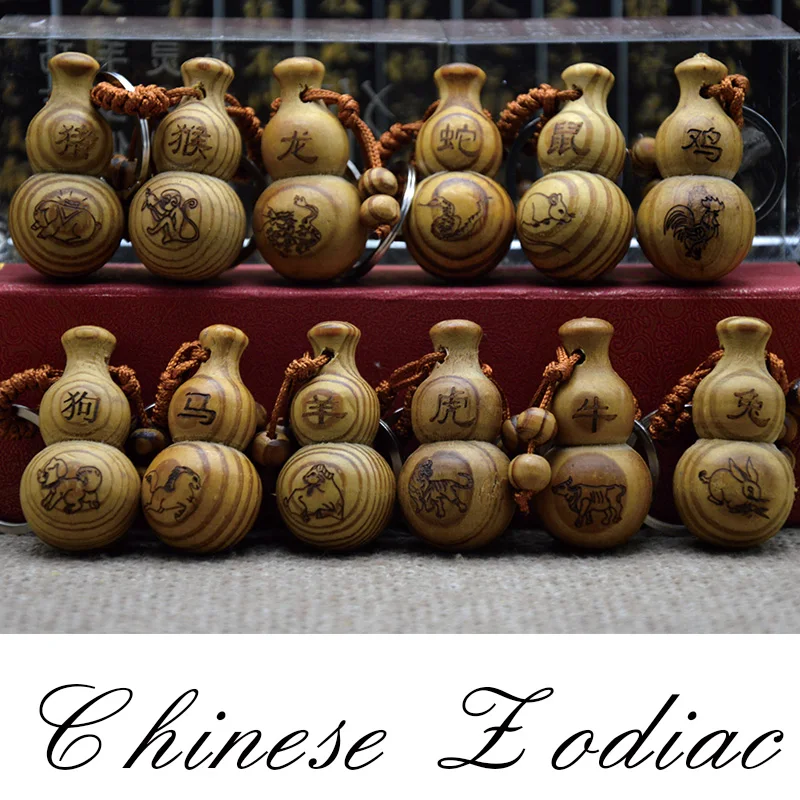 Feng Shui Peach Wood The Chinese Zodiac Gourd wu lou Keychain Wood Carved Amulet Vintage Home Decoration Accessories