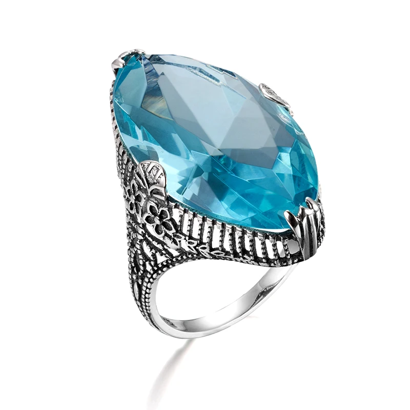 Königliche Vintage-Edelsteinringe, großer ovaler himmelblauer Aquamarin, echter 925er Sterlingsilber-Cocktailring für Damenparty – Detail 7