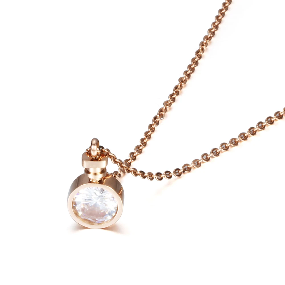 Japanese And Korean Fresh Style AAA Cubic Zirconia Perfume Bottle Shape Rose Gold Color 316L Stainless Steel Necklace For Gift