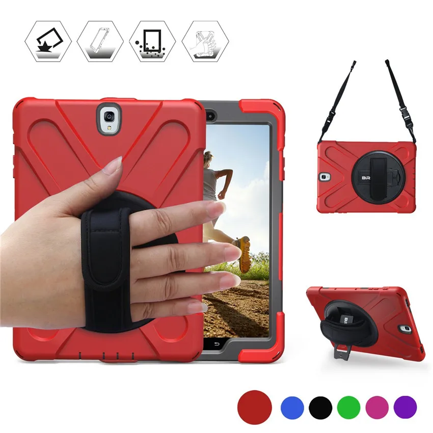 

For Galaxy Tab S3 9.7 Case,T820 T825 tablet Kids Safe Shockproof Heavy Duty Silicone+PC Kickstand Case w/ Wrist+Shoulder Strap