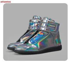 Męskie buty na co dzień gorąca sprzedaż mężczyźni sliver skórzane buty mieszkania moda uliczna hook & loop design wysokie góry męskie buty sportowe buty sukienka