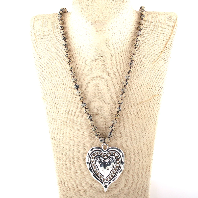 Fashion Bohemian Jewelry Semi Precious Stones Long Knotted Metal Heart Pendant Necklaces