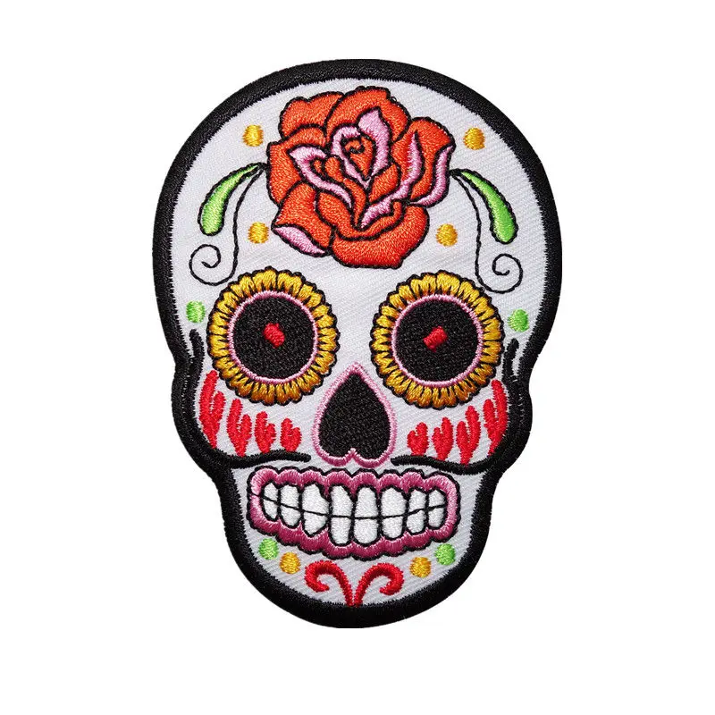 White Black Skull Flower Embroidered Sew Iron On Patches Punk Gothic Badge For Bag Jeans Hat Appliques DIY Handwork Sticker