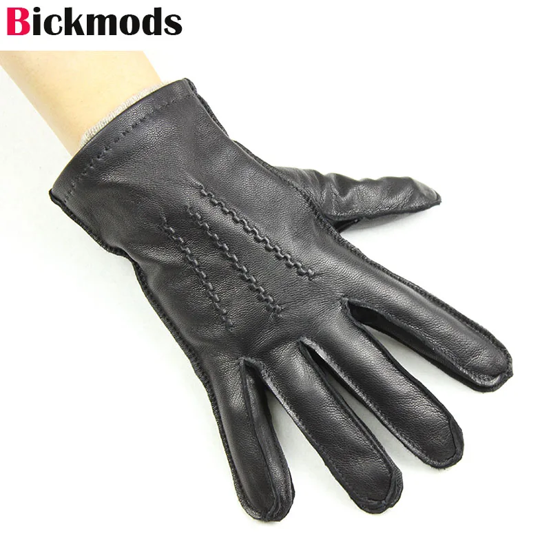 Guantes de piel de oveja de cuero para hombre, guantes de piel de cabra importada de alta gama, estilo de costura exterior, forro de lana, guantes