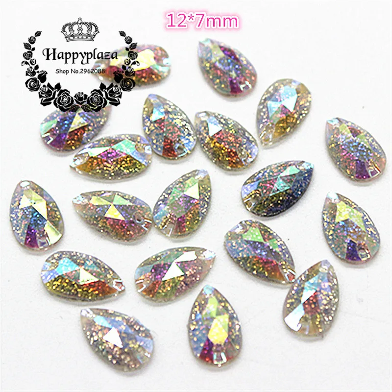 100pcs 12*7mm Teardrop Shiny AB Resin 2 Holes Sewing Stone Facets Flatback Cabochon DIY Garment/Jewelry/Craft Decoration