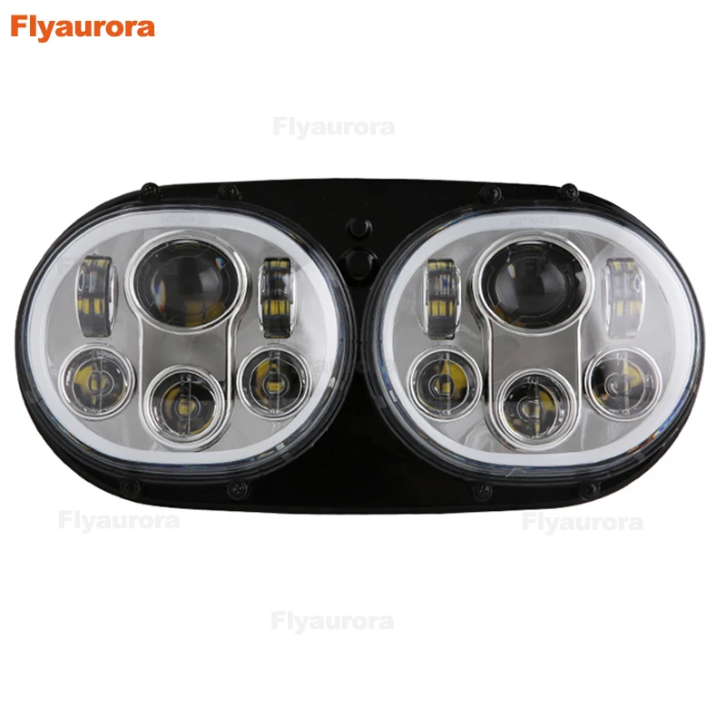 Motorcycle 5.75 LED H4 Dual Headlights with White DRL Headlamp With Angle Eyes Halo Ring For Motorcycle Road Glide Flyaurora