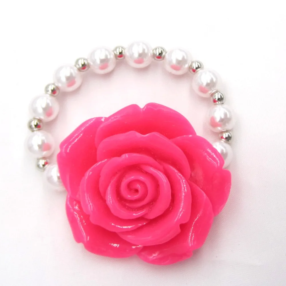 NEW Baby Girls Resin Fucsia Flower Bracelets Bangle Little Girl 8mm Pearl Bracelet Toddler Elastic Bracelet Gifts For Child