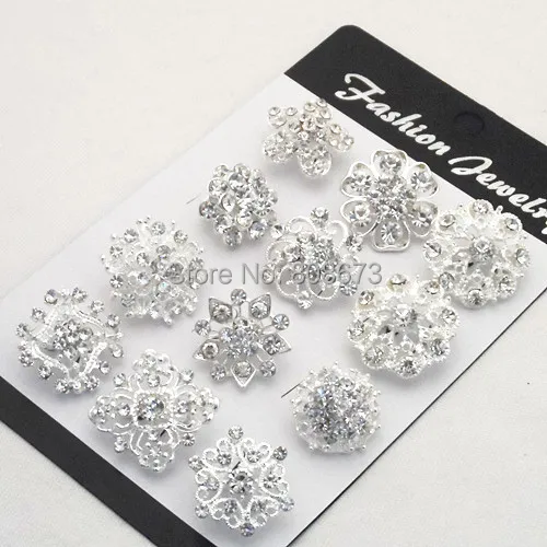 

Silver Plated Clear Crystal Small Flower 12PCS Mixed Pin Brooches Clear Austrian Crystals Small Flower Pins Broaches