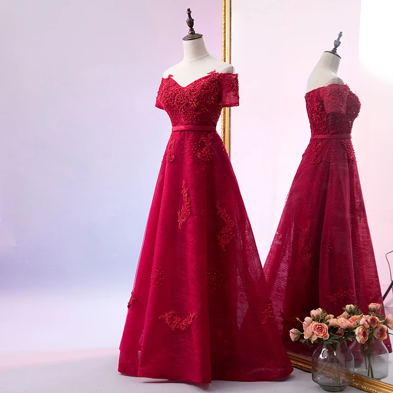 

2019 Evening Dress Prom Dress A-Line Off Shoulder Beading Short Sleeve Floor Length New Arrival Party Dress Robe De Soiree