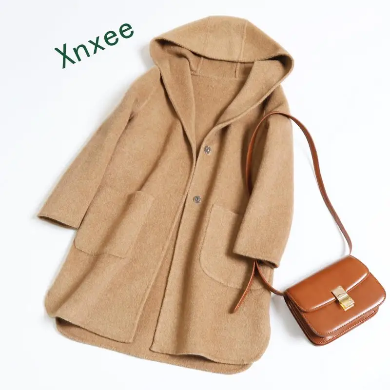 

Xnxee New fashion double-sided cashmere overcoat spring 2019 hooded women wool coat black jacket khaki coat solid woolen coats