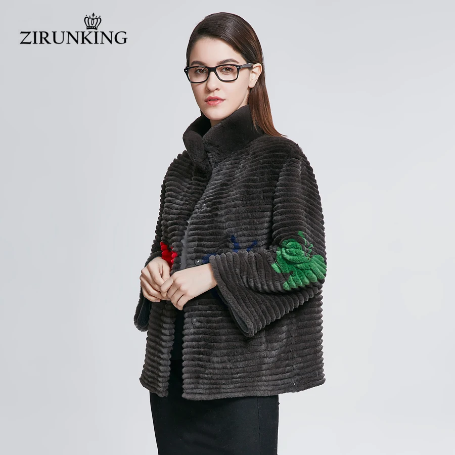 Zirunking casacos de pele real feminino, jaqueta natural de pele de coelho rex, outono, quente, malha, listra, roupas femininas, moda externa zc1804