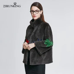 ZIRUNKING-abrigos de piel auténtica para mujer, chaqueta de piel de conejo Rex Natural, ropa de punto a rayas cálida, prendas de vestir exteriores a la moda, ZC1804, otoño