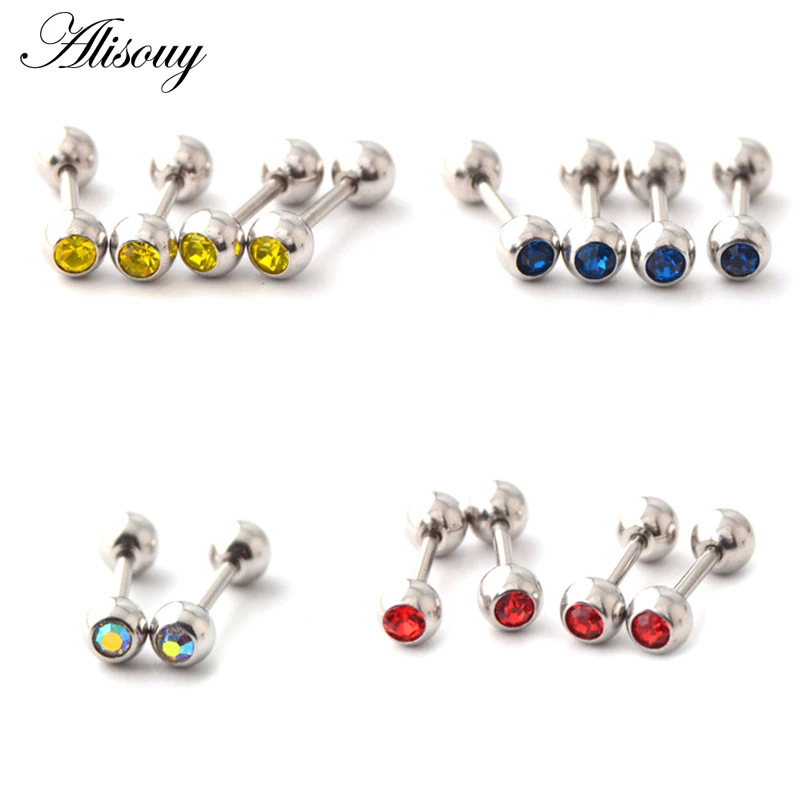 Alisouy 2Pcs Surgical Steel ball Round Crystal Cartilage Helix Barbell Bar Ear Stud Piercing 18G Earring Body Piercings Jewelry