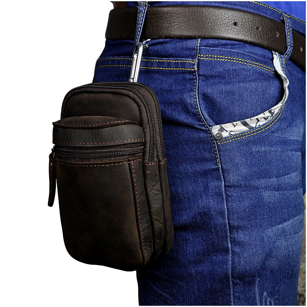 Design Mens Original Leather Small Travel Summer Pouch Hook Belt Waist Pack Bag Fashion Male Cigarette Case 6