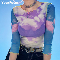 Vintage cute kawaii sweet shirt mesh perspective multicolored clouds crop tops tshirt women long sleeve tops