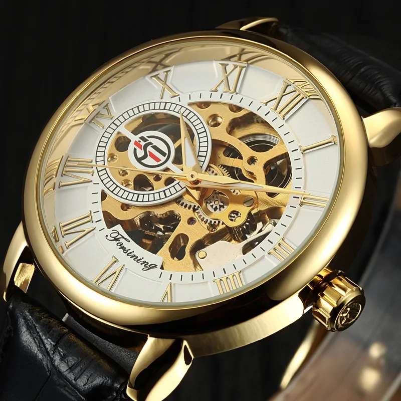 

2019 Forsining Brand Hollow Engraving Black Gold Case Leather Skeleton Mechanical Business Watch Men Luxury Brand Heren Horloge