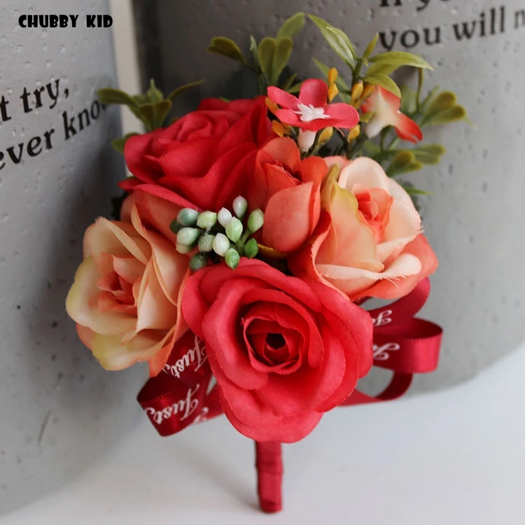 10pcs/lot! wholesale Hi-Q Artificial rose groom corsages wedding Boutonnieres Bridesmaid hand flower wedding wrist flowers RED