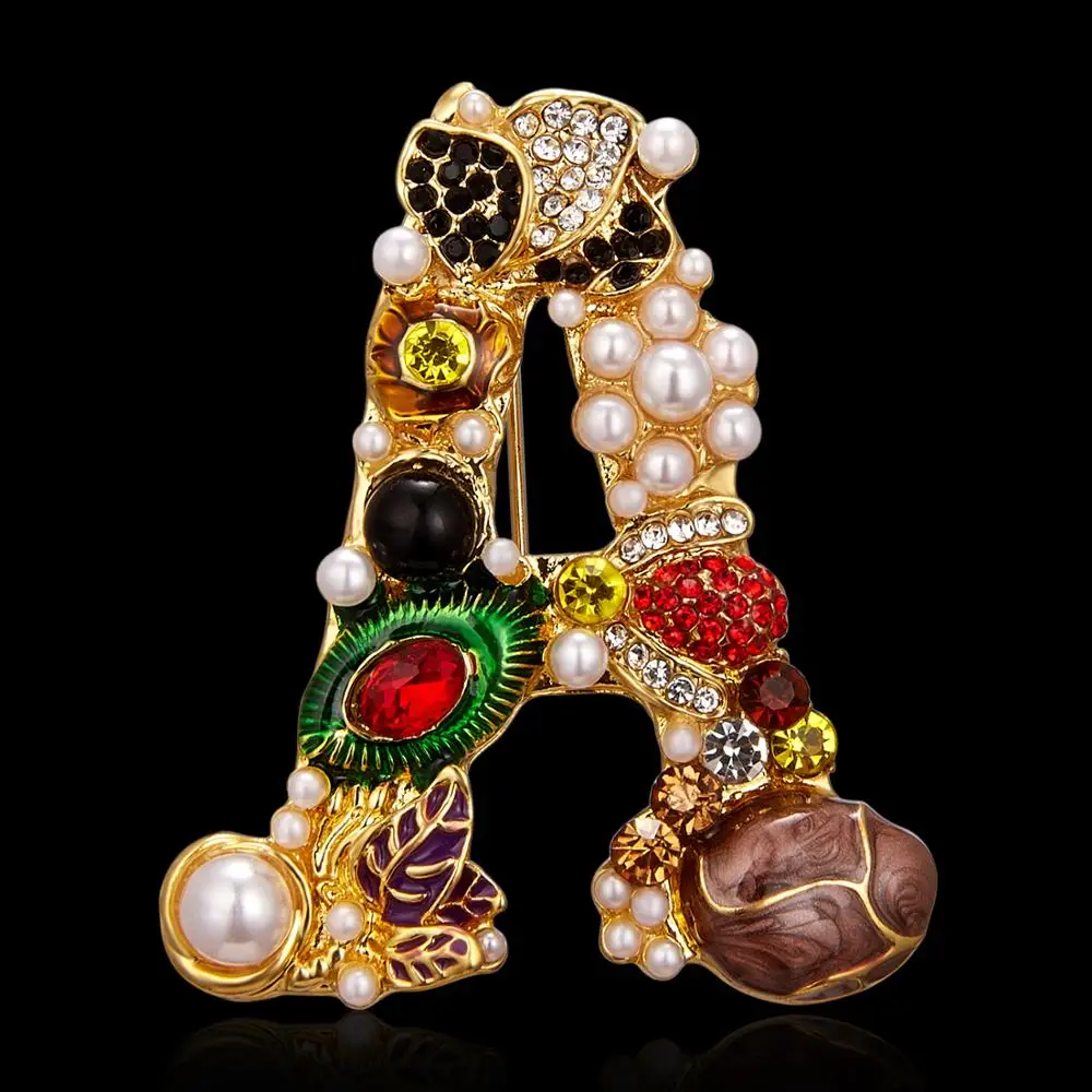 Elegant 26 Letters A D G S Letter Brooches for Women Rhinestone Pearl Enamel Flower Sweater Scarf Suit Brooch Pin Female Jewelry