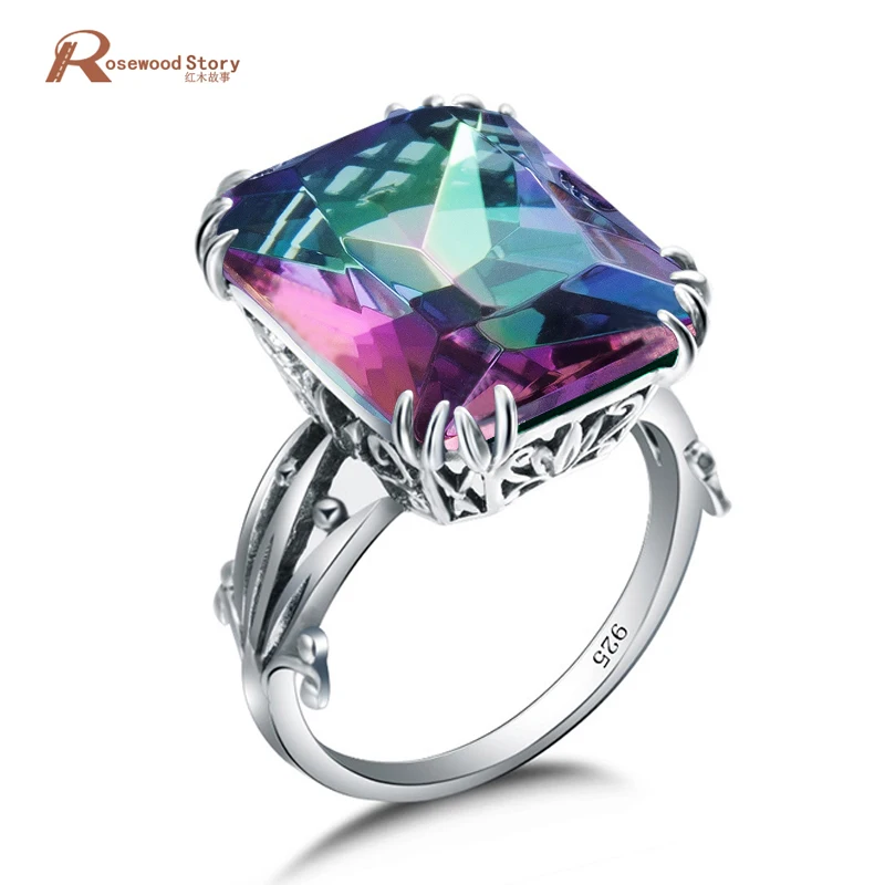 Wholesale Sailor Moon Ring Square Mystic Rainbow Lab Topaz Big Rings 925 Sterling Silver Jewelry for Bridal Wedding Vintage Gift