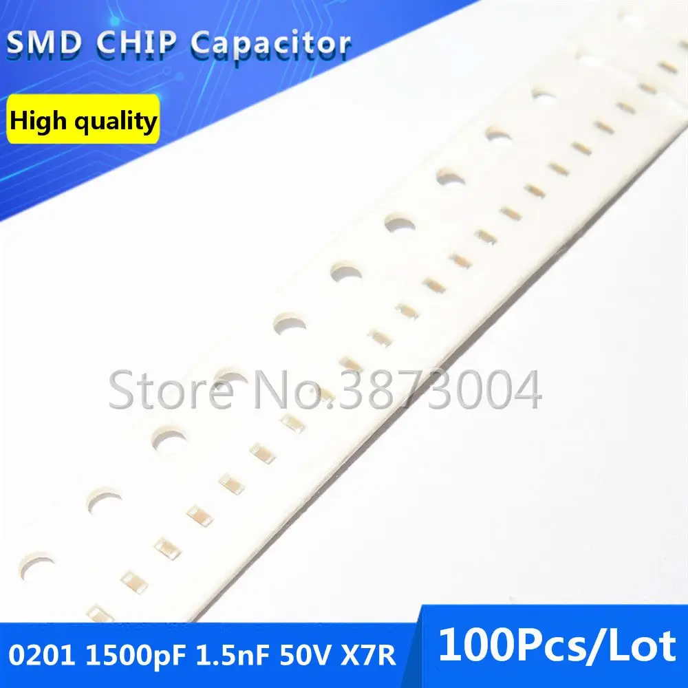 100pcs 0201 1500pF 1.5nF 50V X7R 10% Thick Film Chip Multilayer Ceramic Capacitor