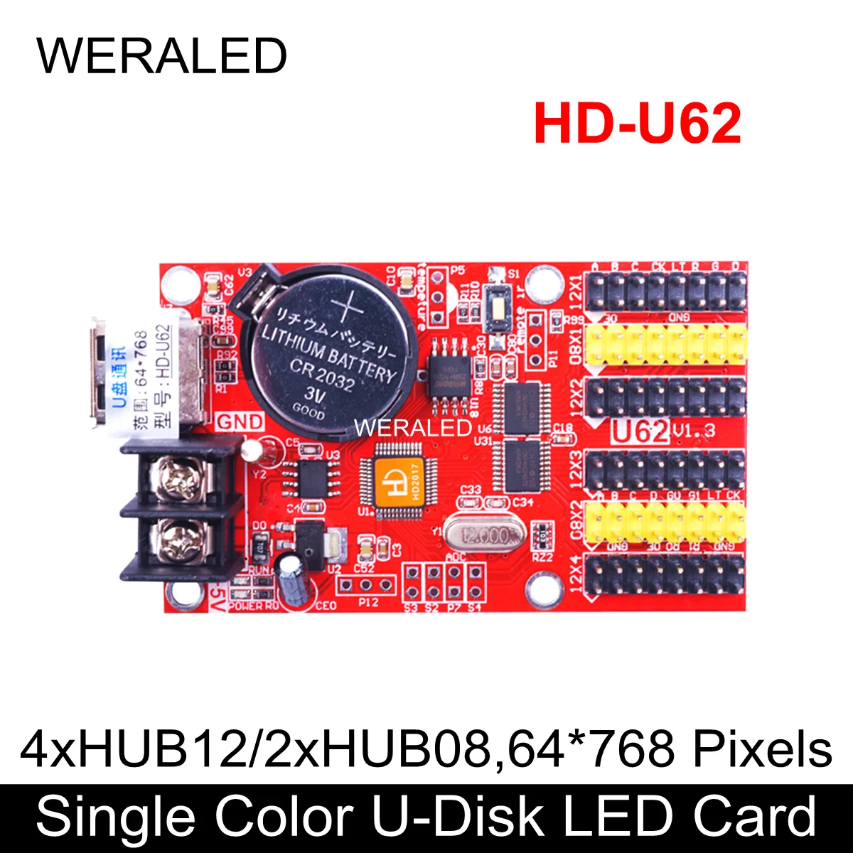 

Huidu HD-U62 U-Disk Communication Port Single Color / Dual Color LED Message Sign Controller Support P4.75 P7.62 P10 LED Module