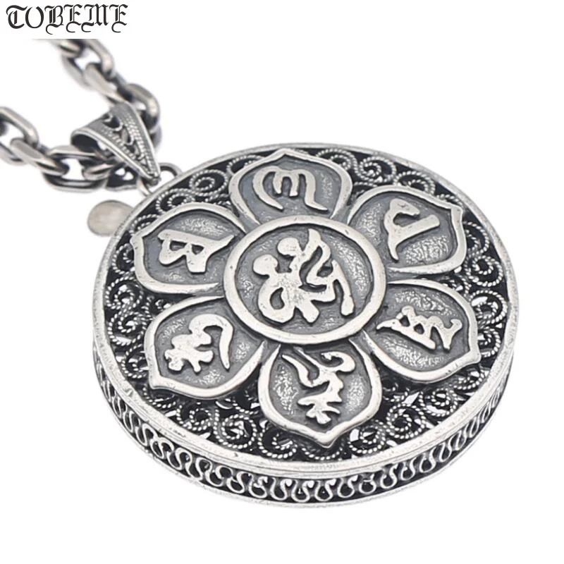 NEW 100% 925 Silver Tibetan Six Words Proverb Necklace Pure Silver Buddhist OM Mantra Pendant Necklace Tibetan Pendant Necklace