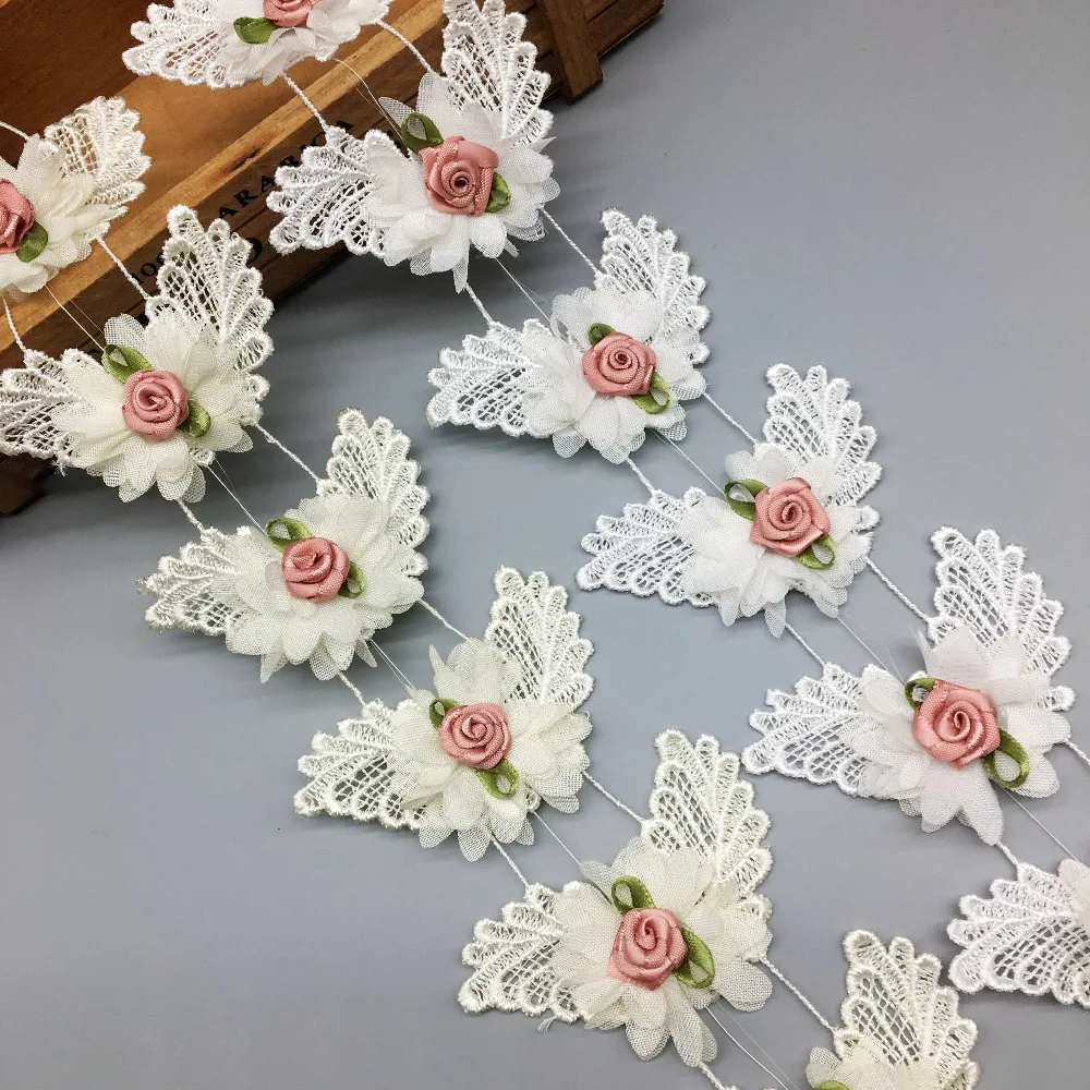 1 Yard Rose Flower Chiffon 3D Lace Trim Applique Trimming Ribbon Embroidered Fabric Sewing Craft Handmade DIY Wedding Decoration