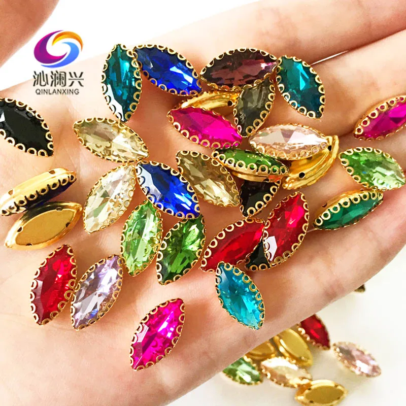 7x15mm 30pcs/bag Horse Eye Shape Glass Crystal Sew-on Rhinestones, Golden Base Lace Claw Stone, Diy/Clothing Sewing Accessories