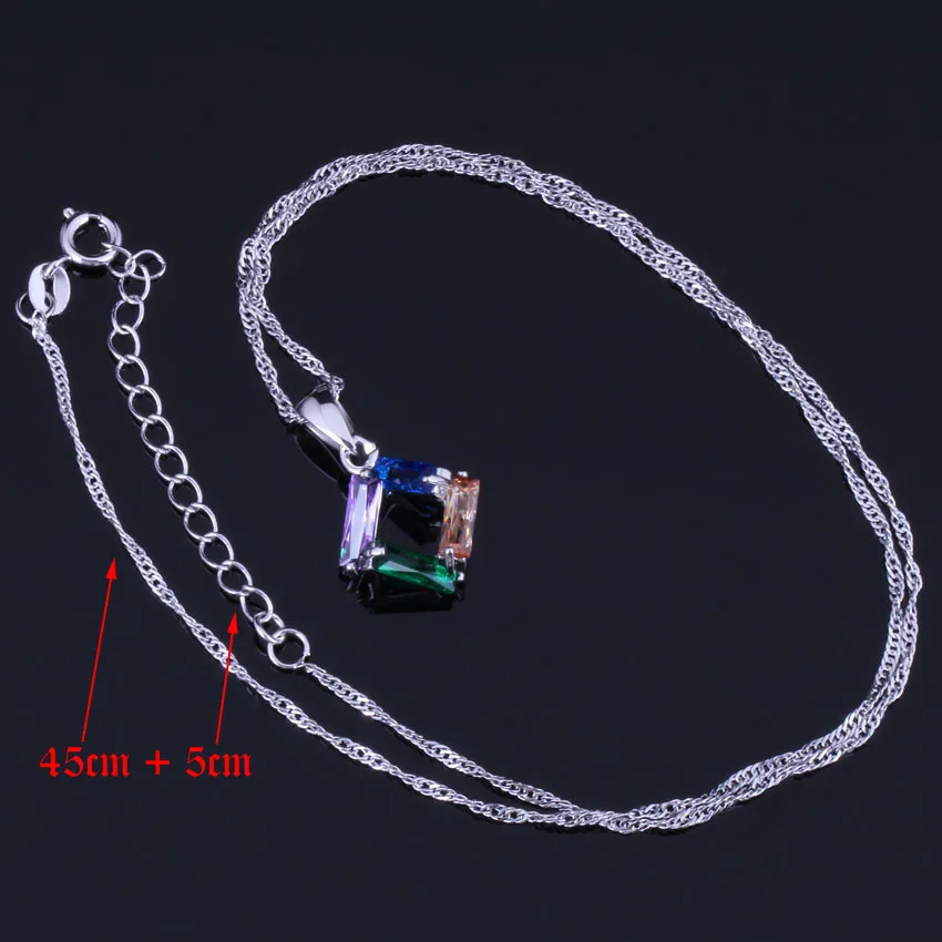 Quadrilateral Multigem Multicolor Cubic Zirconia Silver Plated Jewelry Sets Earrings Pendant Chain Ring V0975