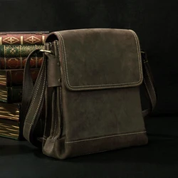 New Fashion Genuine Leather Men Shoulder Bag Crazy Horse Leather Men's Messenger Bags Casual Leather Men Crossbody Bag IPAD Bags