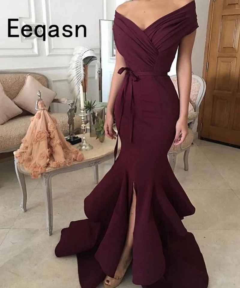 Elegante borgonha vestidos de noite com decote em v plissado árabe longo sereia formal vestido de baile gala robe de soiree longue