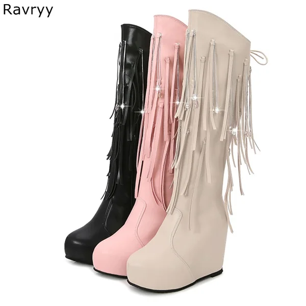 Bling Bling Crystal Charm decor Black Long Boots Woman knee-high Boots Platform Heel Booties Fashion Autumn Winter Female Shoes