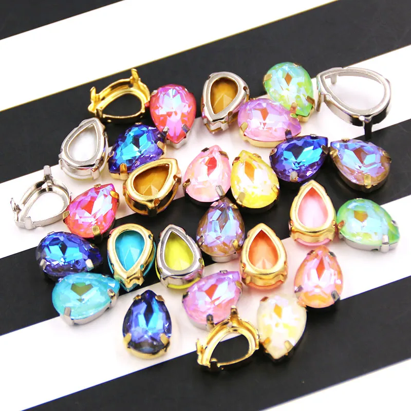 New Style Teardrop Shape Glass Crystal Strass Sewing Hollow Golden Claw Setting Mocha Fluorescence Rhinestones For Clothing/Bags