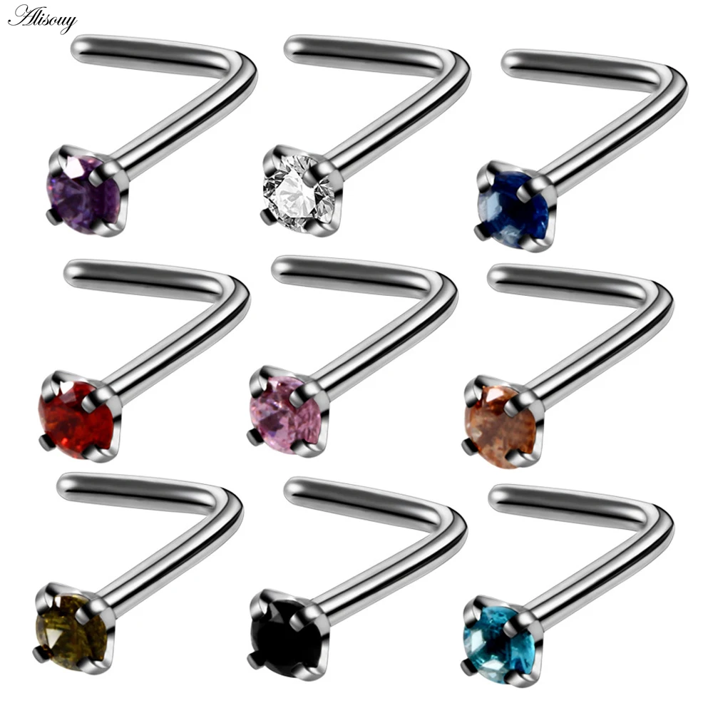 Alisouy 20G Small Nose Studs Piercing L Shape Nose Rings Stainless Steel 316L Cubic Zirconia Body Piercing Jewelry For Women